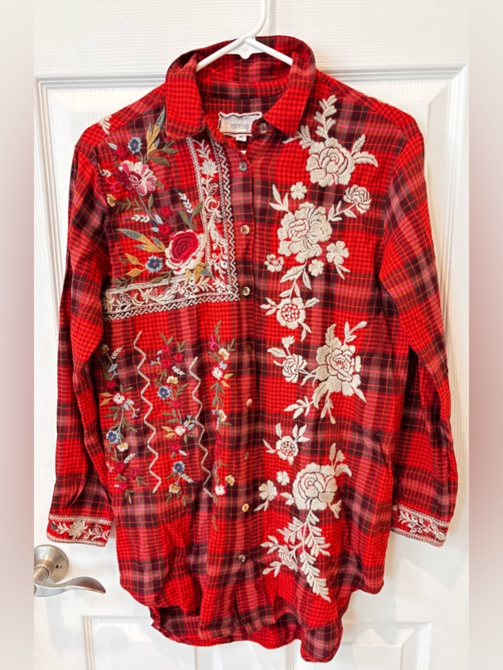 Johnny Was Workshop Roma‎ Red Plaid Embroidered Button Up Tunic